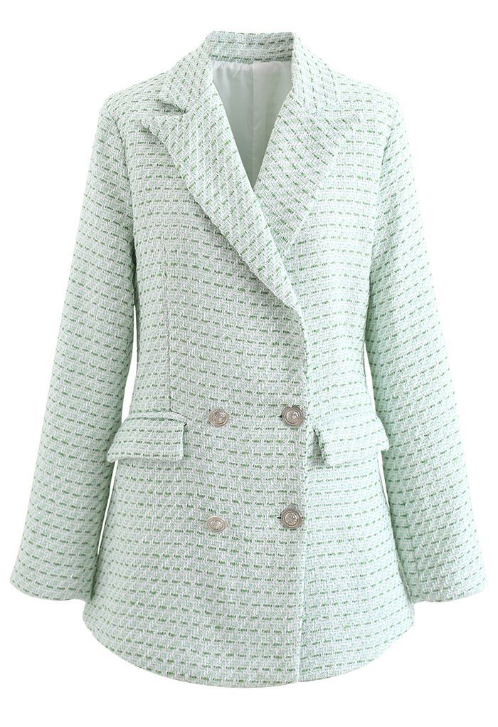 Green Pocket Double-Breasted Tweed Blazer | Chicwish