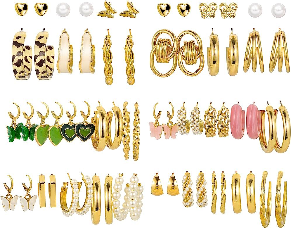 36 Pairs Gold Pearl Earrings Set for Women Girls, Fashion Chain Link Hoop Stud Drop Dangle Earrin... | Amazon (US)