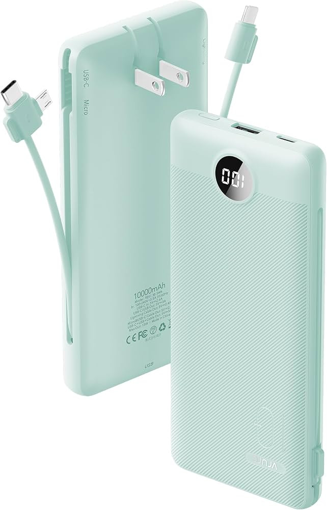 VRURC Portable Charger Built-in Cables and AC Wall Plug, USB C Power Bank 10000mAh, Travel Batter... | Amazon (US)