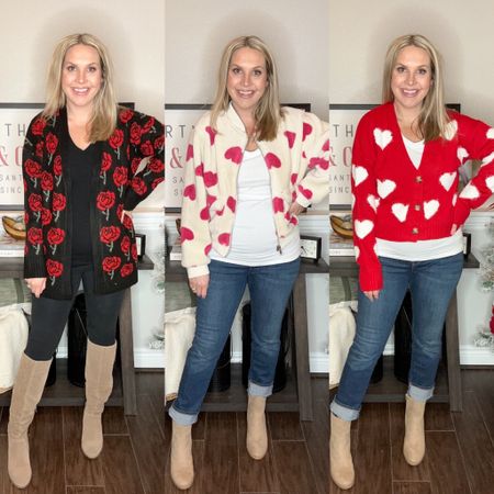 Sharing 3 new pieces from Walmart for Valentine’s Day that are under $20!! The rose cardigan is plus size and I’m wearing a 1X in it. The Sherpa jacket and heart sweater are both juniors sizing and I’m wearing a size large in both at 3 weeks postpartum  

Valentine’s Day, winter outfits, Walmart style, holiday sweater, winter style 

#LTKstyletip #LTKmidsize #LTKSeasonal
