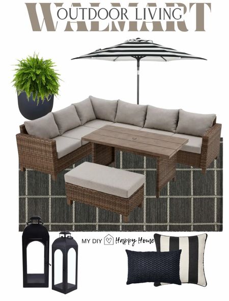 Outdoor patio sectional dining set: the ottoman has hidden storage, table has an umbrella pole spot and the sectional can seat 6 comfortably. Cushions are treated with Scotchguard and comes with covers- and the set is on sale too!!!

The rug is on sale too! 

Add some lanterns, striped umbrella and outdoor pillows and greenery. 

#LTKSeasonal #LTKhome #LTKsalealert