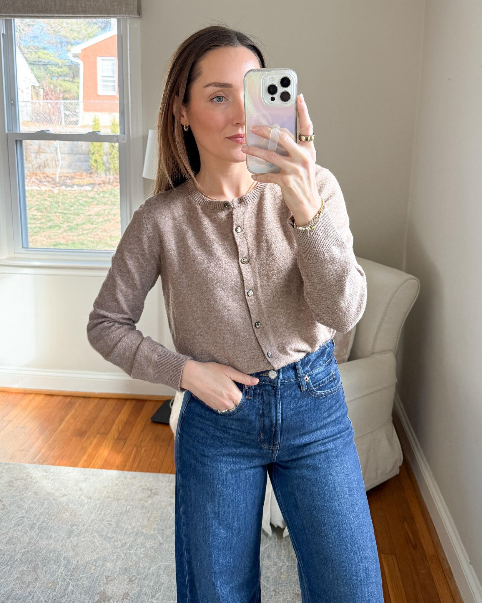 This cardigan is on sale for $18.49 today at old navy. Sized up to a large for a looser fit with a tucked in look. 