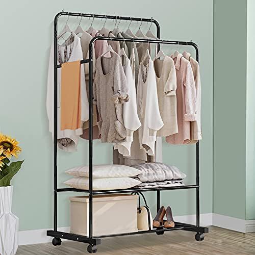 Untyo Clothing Rack with Wheels Double Rails Clothes Rack Rolling Rack for Indoor Bedroom Clothes... | Amazon (US)