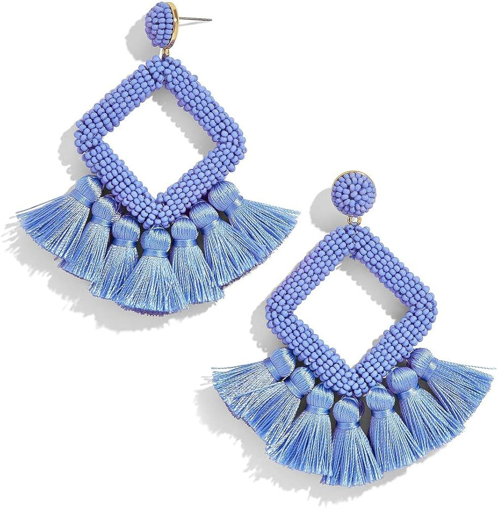 Long Tassel Earrings Statement Bohemian Pom Ball Handmade Drop Dangle Earrings for Women | Amazon (US)