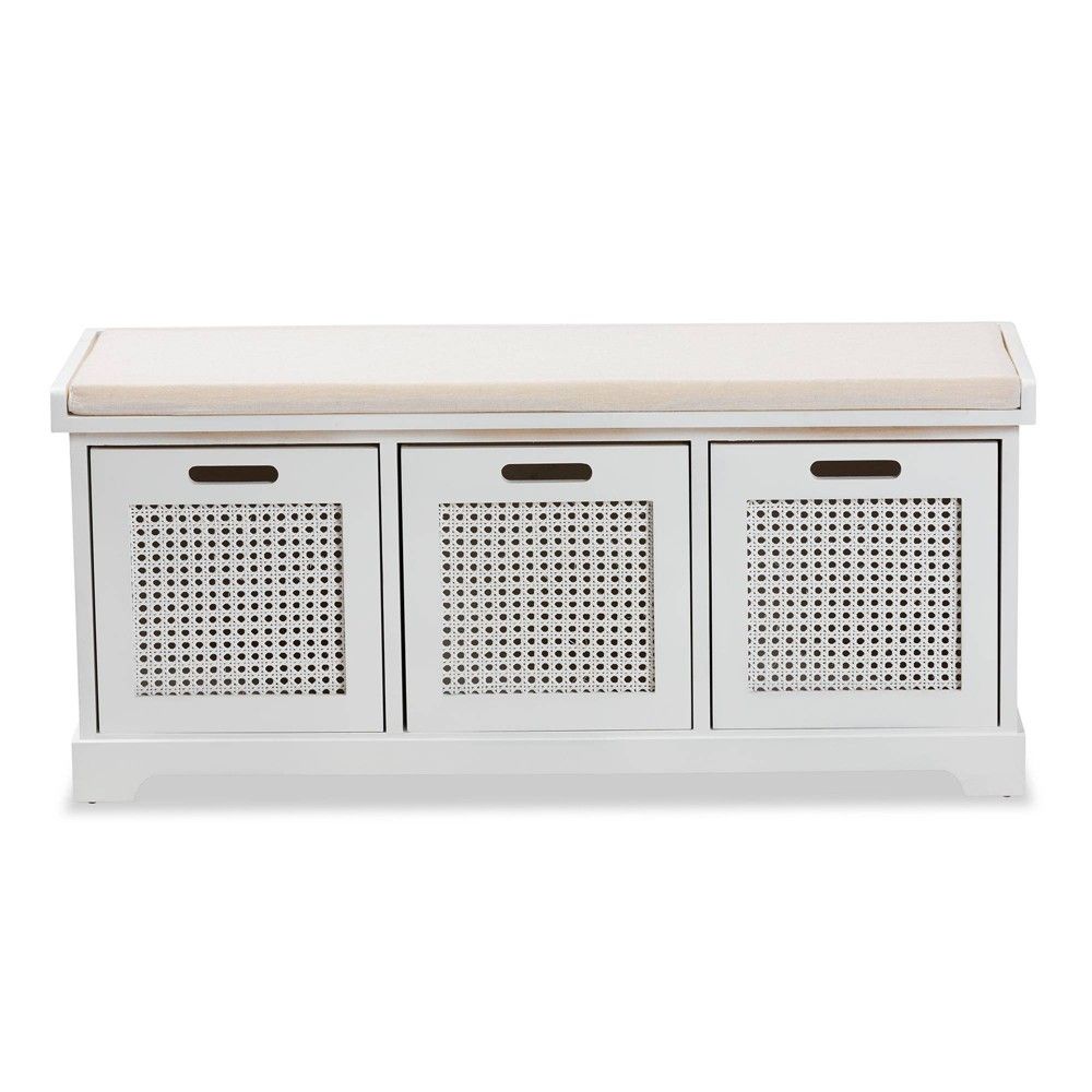 Tabor Beige Fabric Upholstered with Rattan Accent and Wood 3 Basket Storage Bench White - Baxton Stu | Target