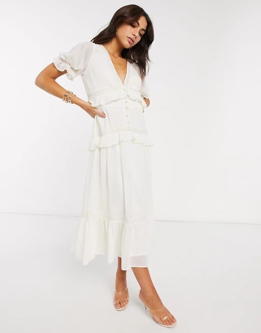 ASOS DESIGN button through lace insert tiered midi dress in ivory | ASOS (Global)