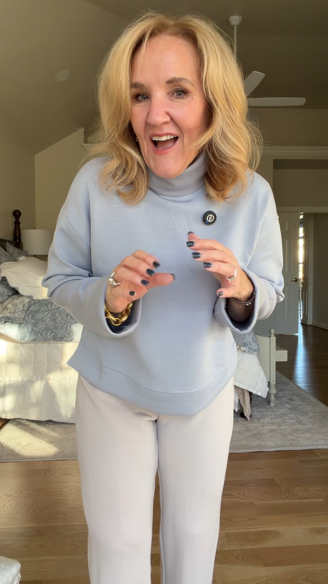 Spanx air essentials turtleneck in a new color! Size medium there are some colors in this turtleneck that are on sale with an extra 30% off on top of the sale price
The barrel air essential pant. I’m wearing a medium petite and this French gray color is on sale. It also comes in a turtleneck so you could get a matching set. I would act fast.

What do you think about the faux for mules? These are from Amazon. They’re true to size. They’re pretty comfortable, but they don’t have a lot of cushion. But they are really soft. I think I would wear them more like a house slipper rather than out and about.

#LTKOver40 #LTKPetite #LTKootd