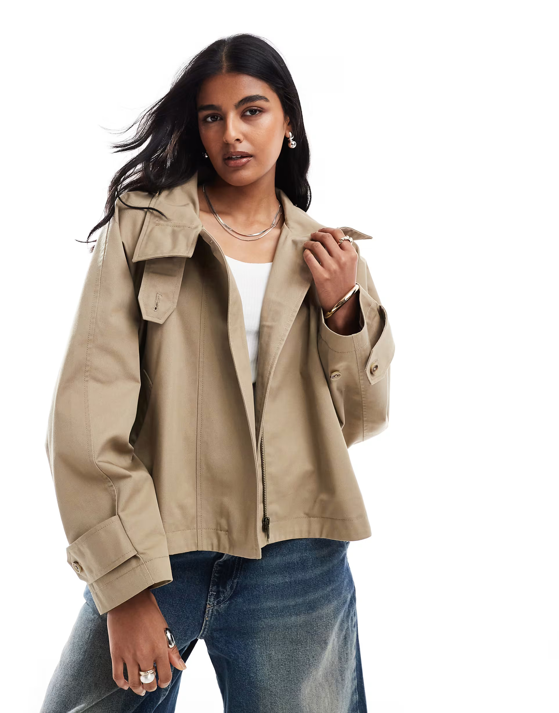 ASOS DESIGN cropped cape detail trench coat in rye | ASOS (Global)