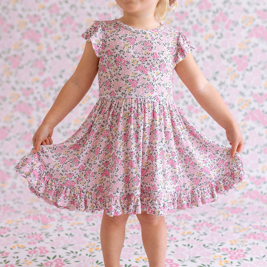 Floral Pointelle Pink Cap Sleeve Girl Twirl Dress | Meadow Haze | Posh Peanut