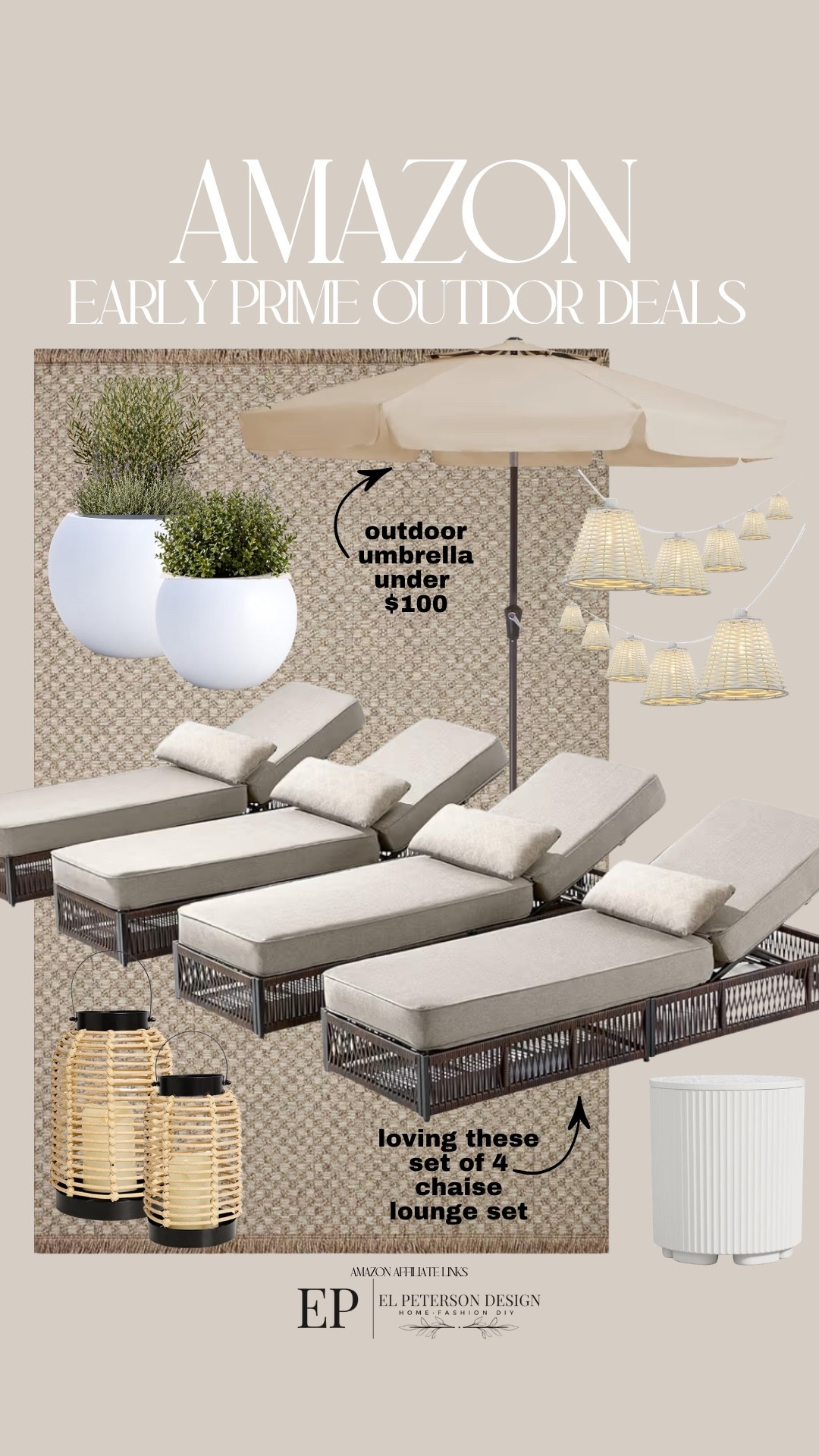 Amazon Early Outdoor Deals
Set of 4 chaise lounge chairs
Planters
Rug
Floor lantern
String light

#LTKHome #LTKSaleAlert