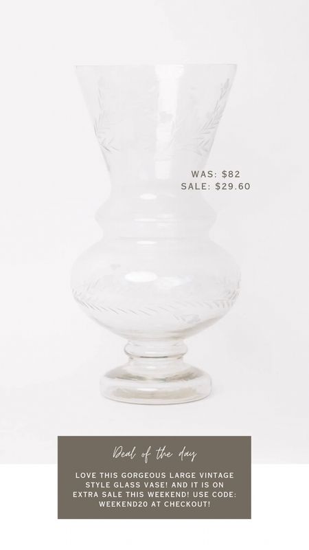 Save an extra 20% off this timeless vintage style large glass vase for under $30! Use code WEEKEND20 at checkout

#LTKHome #LTKSaleAlert #LTKFindsUnder50