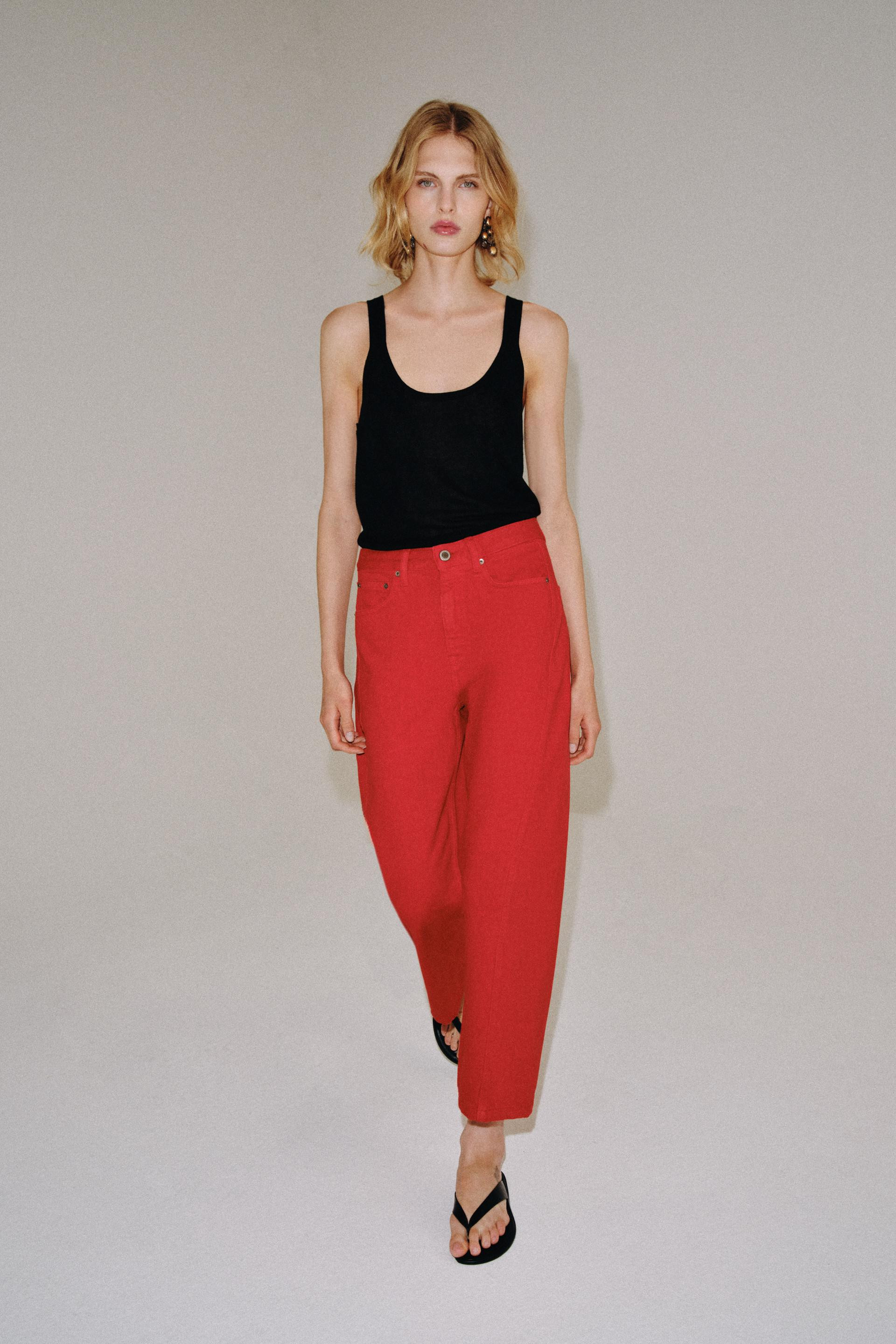 Zara - Zw Collection Mid-Waist Relaxed Jeans - Red - 6 - Woman | Zara UK