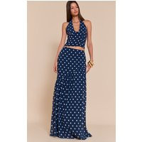 Navy Polka Dot Asymmetric Maxi Skirt | PrettyLittleThing US