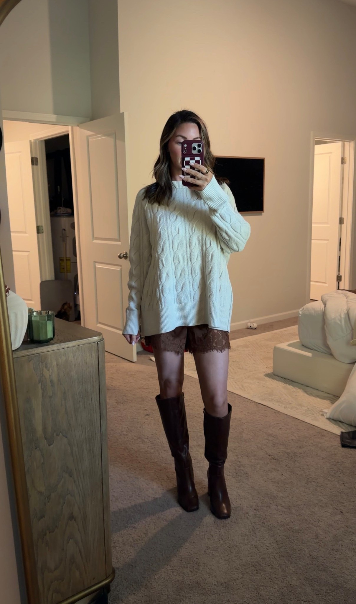 Lace satin shorts with oversized sweater! 