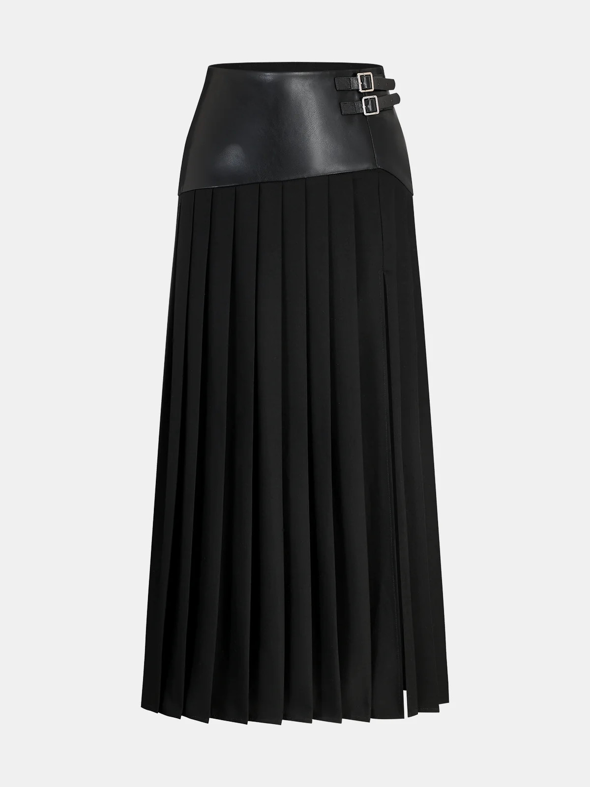 Buckle Detail Faux Leather Panel Pleated Midi Skirt | Commense