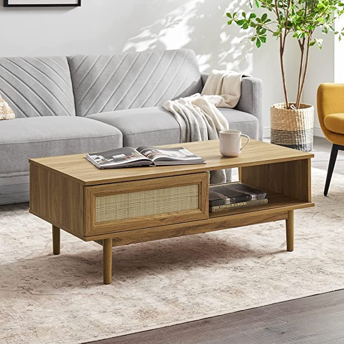 Mopio Haylee Modern Farmhouse Boho Coffee Table, with Rattan Cane Sliding Doors, Ample Storage Sp... | Amazon (US)
