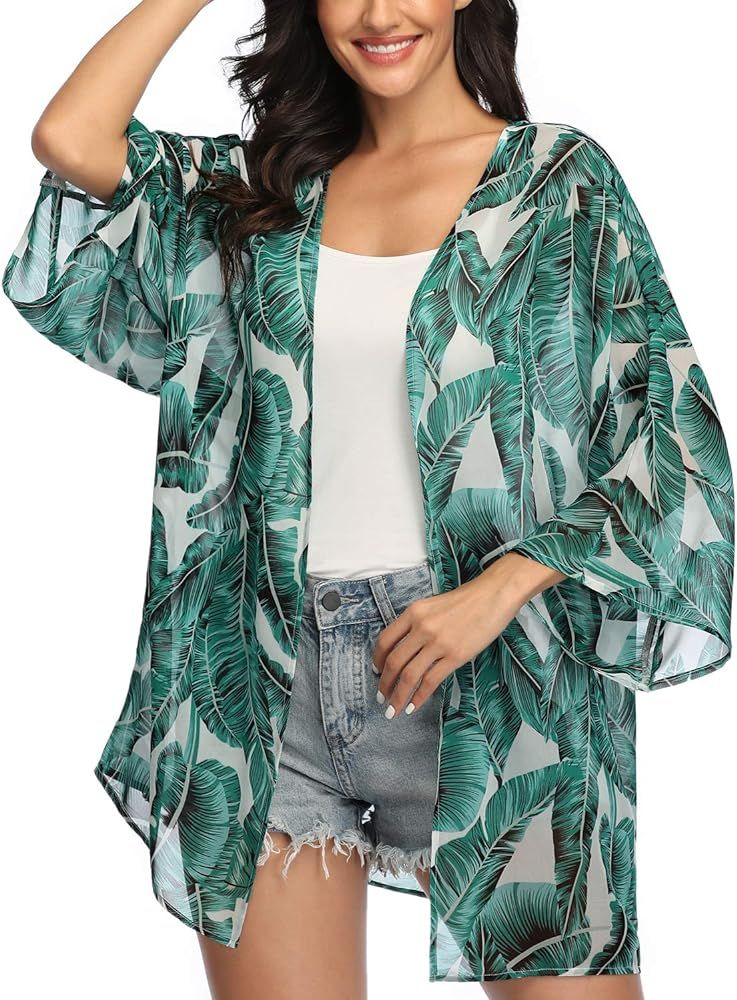 Women's Floral Print Kimonos Loose Tops Half Sleeve Shawl Chiffon Cardigan Blouses Casual Beach Cove | Amazon (US)