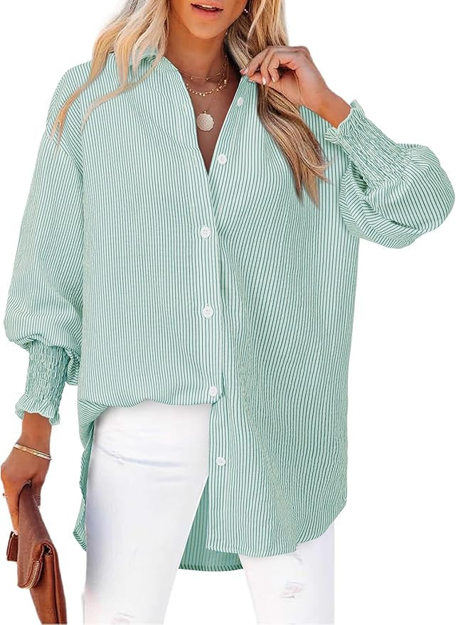Women's Striped Button Down Shirts Long Sleeve Smocked Cuffed Oversized Boyfriend Blouses Collare... | Amazon (US)