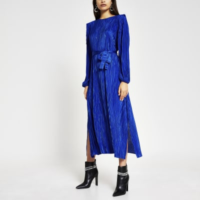 Blue long sleeve plisse tie waist midi dress | River Island (UK & IE)