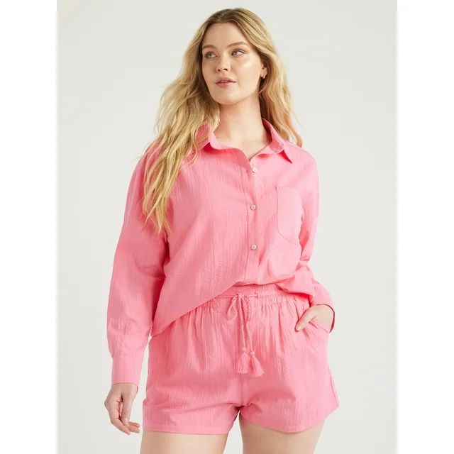 Time and Tru Women's and Women's Plus Cotton Button Front Coverup Shirt, Sizes XS-3X | Walmart (US)