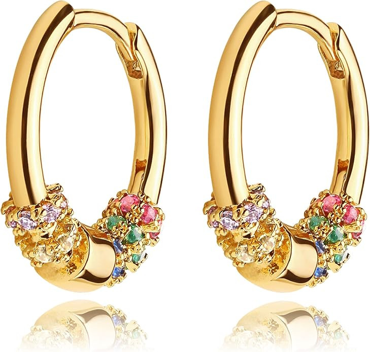 Dremmy Studios Dainty CZ Huggie Hoop Earrings 14K Gold Plated Chunky Simple Cute Thick Round Fril... | Amazon (US)