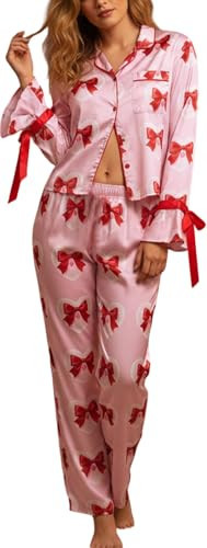 LILTWIST Cute Bow Tie Pajamas for Women Silk Satin Colorful Heart Pjs Valentines Long Sleeve Shirts and Ruffle Pants 2pc Sets | Amazon (US)