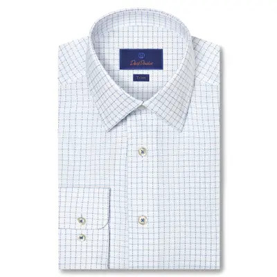 David Donahue Trim Fit Dobby Check Cotton Dress Shirt in White/Blue at Nordstrom, Size 17 - 36 | Nordstrom
