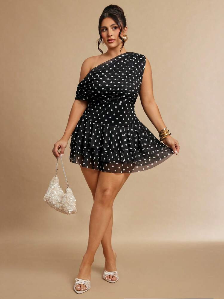 SHEIN BAE Plus Size Women's Polka Dot Asymmetric Shoulder Ruffle Mini Dress,Black And White Summe... | SHEIN