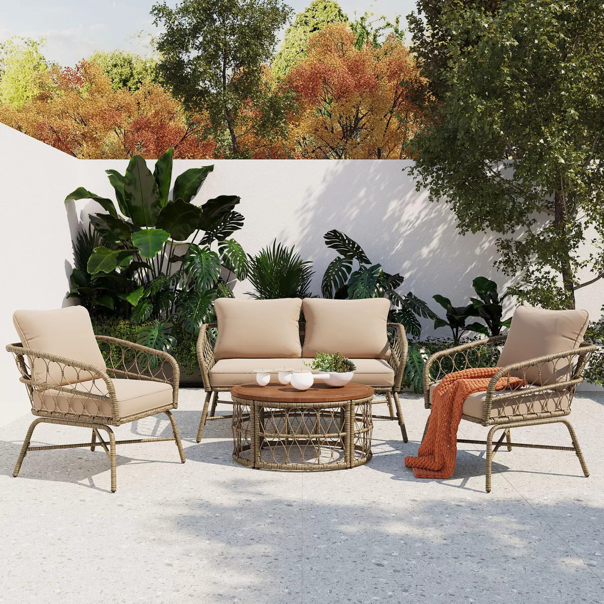 4 Person Garden Backyard Boho Wicker Lounge Set,4 Piece Wicker Patio Set,Cushions Outdoor Patio C... | Target