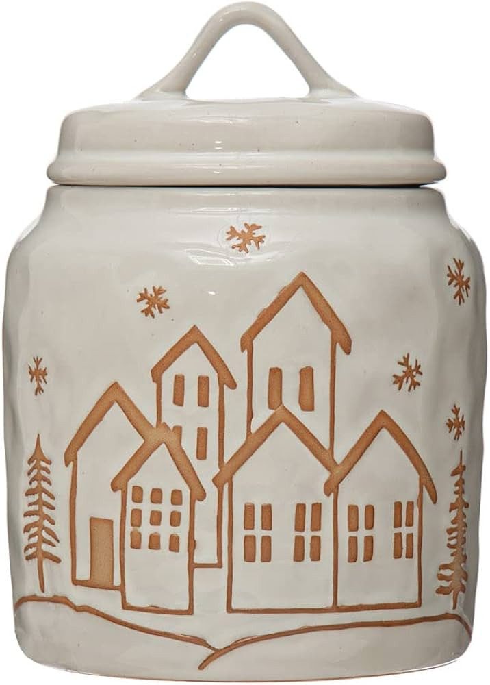 Creative Co-Op Stoneware Canister with Wax Relief Winter Town Image, Reactive Glaze, White | Amazon (US)