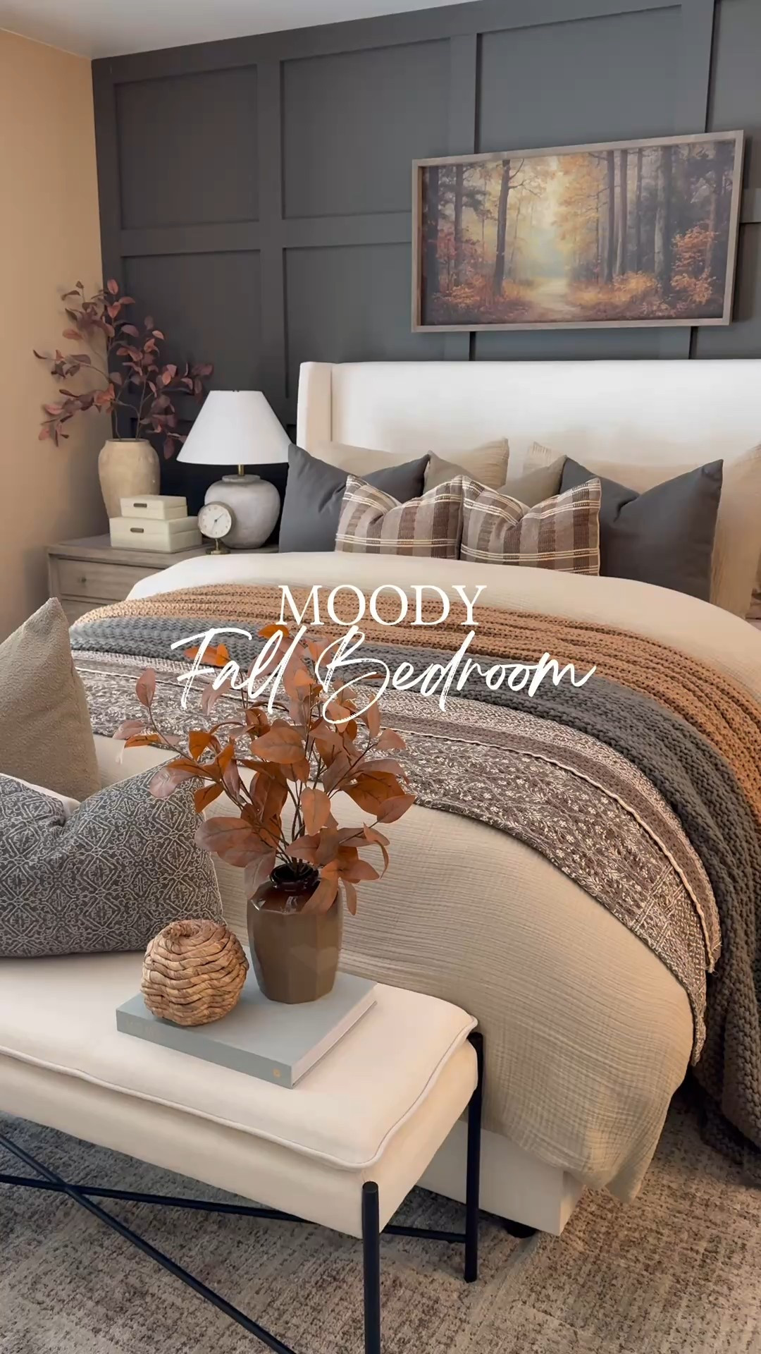 🍂Moody Fall Bedroom. 

Follow @farmtotablecreations on Instagram for more cozy home inspiration.

I wanted our bedroom to feel extra cozy this season, so I layered in all the warm textures and moody tones. From the chunky knit throws to the plaid pillows, every detail just makes me want to curl up and stay in bed all day.

The October Golden Hour sign from my sweet friend Brittany @currentlychic might be my favorite piece yet— it captures that dreamy fall glow perfectly. Shown here in a size 20x40 with Briarsmoke stain. Use my code FARMTOTABLE for 15% off. Two stems shown in each vase on nightstands  

#FallBedroom #BedroomDecor #BedroomStyling #FallHomeDecor #CozyBedroom #NeutralBedroom #OctoberGoldenHour #LayeredBedding #ThrowBlanket #DecorVase #FallStems #FallDecor #NightstandDecor #WallArt #BedroomRug

#LTKHome #LTKFindsUnder50 #LTKSaleAlert