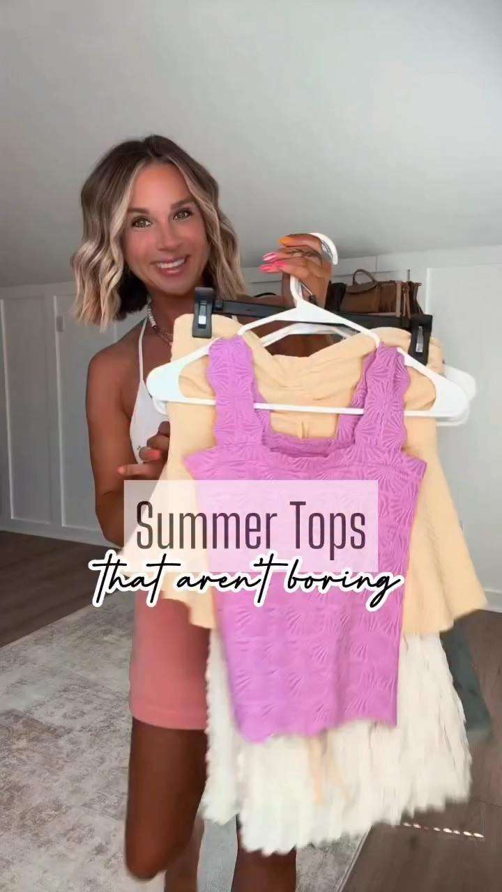 Summer tops don’t have to be boring. ✨ From elevated basics to fun details that make an outfit pop, these are the kind of tops that work with denim shorts for a casual day out or dressed up with white jeans and wedges for date night.

I'm 5'6 139lbs wearing size small in all tops, size 29 in shorts, and size 6 (M) in bottoms.  

 #LTKgrwm #LTKSeasonal