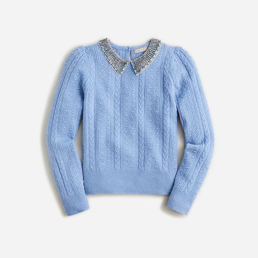 Pointelle cable-knit crewneck with beaded collar | J.Crew US