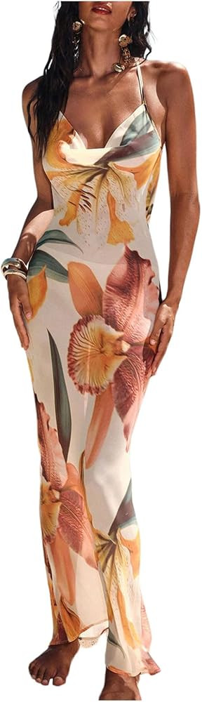 Verdusa Women's Floral Criss Cross Backless Swim Cover Up Drape Neck Maxi Vacation Dresses | Amazon (US)