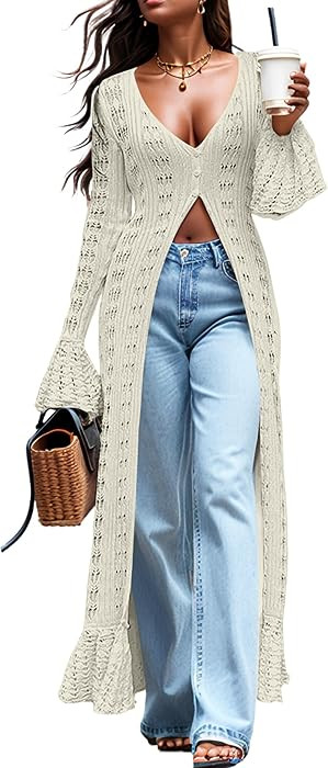 KWSTAIN Cardigan Sweaters for Women Trendy Lightweight Crochet Long Duster Button Up Bell Long Sl... | Amazon (CA)