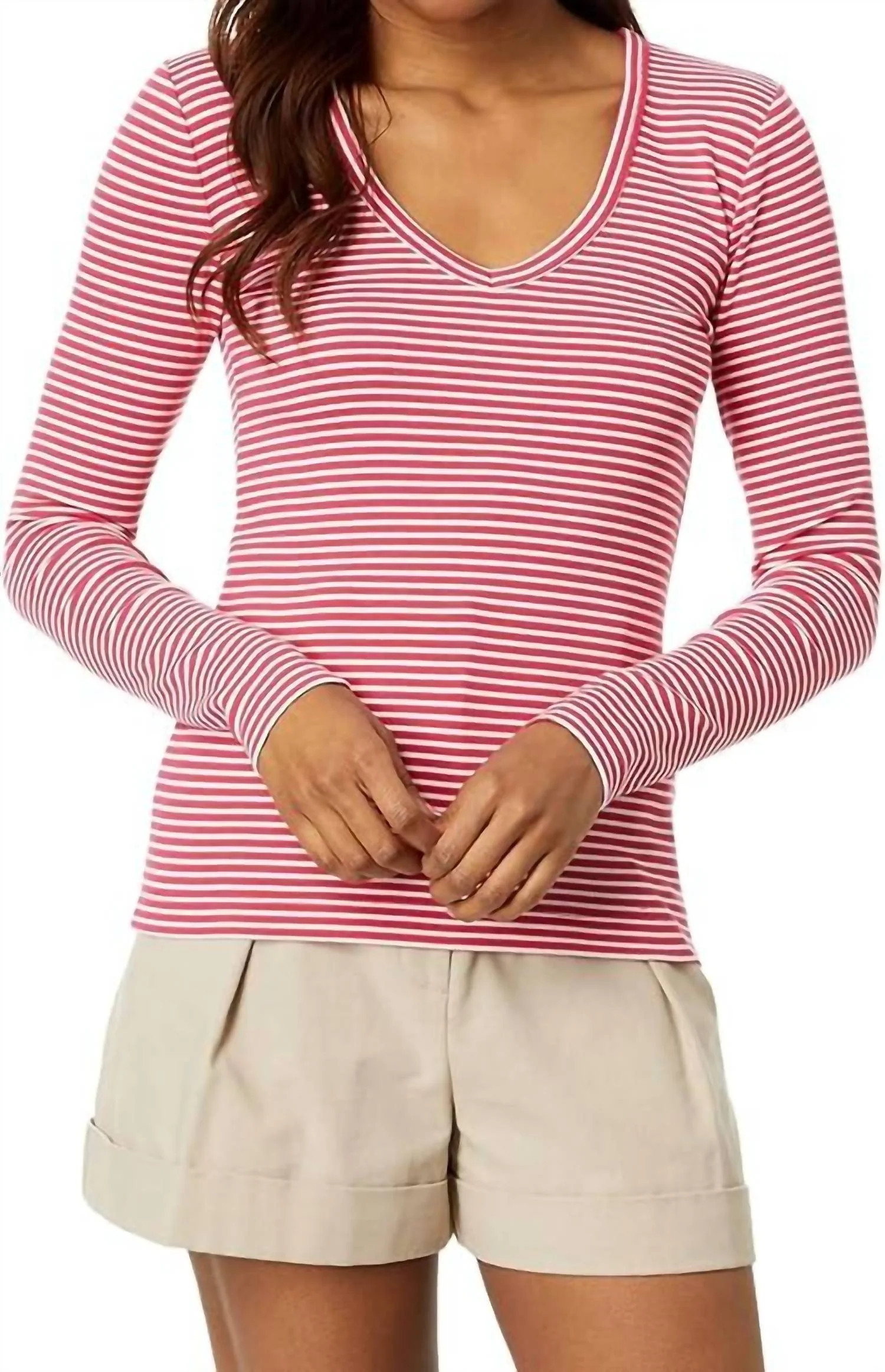 Striped Rib Knit Tee In Red | Shop Simon