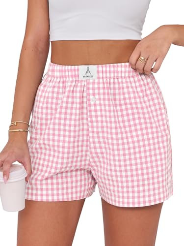 ANRABESS Boxer Shorts for Women Gingham Pajama 2026 Summer Casual Lounge Sleep Plaid Shorts Y2K Beach Bottoms Pink White Plaid Medium | Amazon (US)