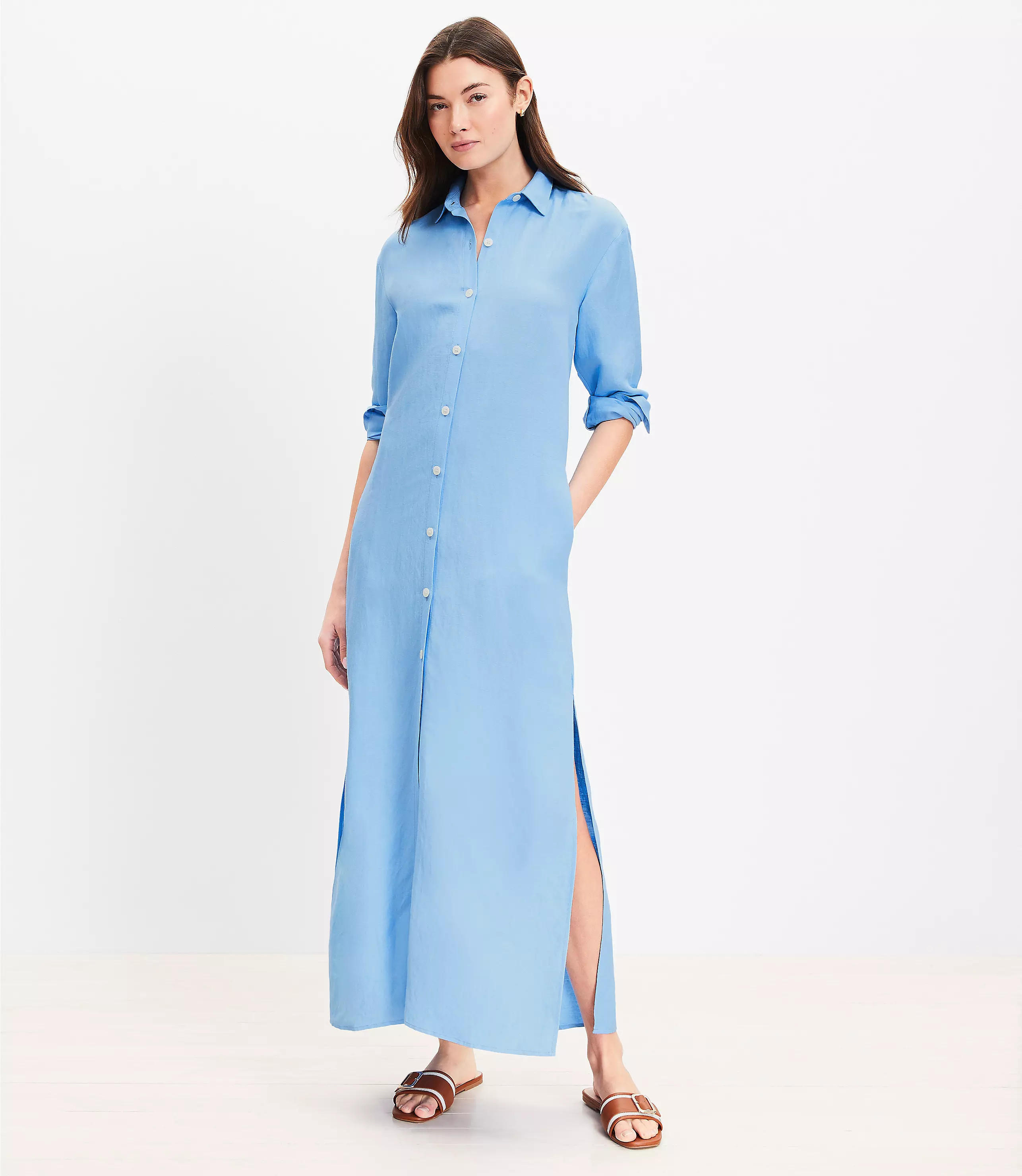 Linen Blend Pocket Maxi Shirtdress | LOFT