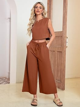 Glamaker Women's 2 Piece Outfits Linen Matching Sets Tracksuit Summer Sleeveless Tank Crop Top An... | Amazon (US)