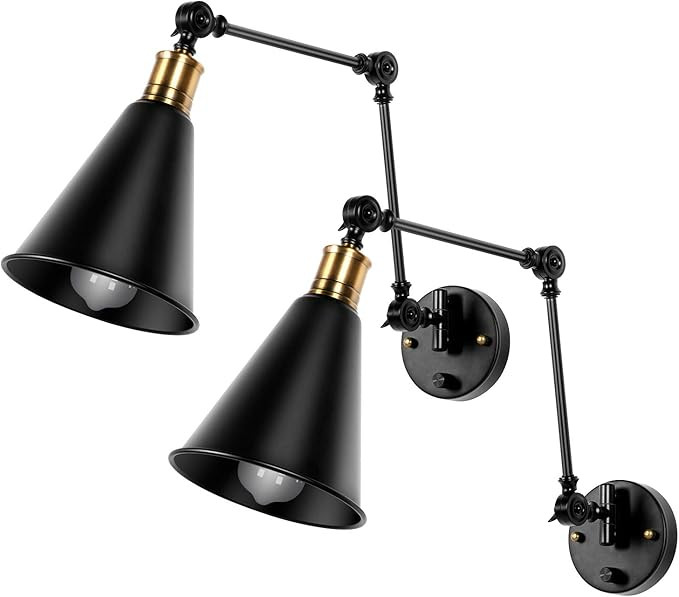 2 Pack Swing Arm Wall Sconces - Adjustable Hardwired Swing Arm Wall Lights Industrial Metal Vinta... | Amazon (US)