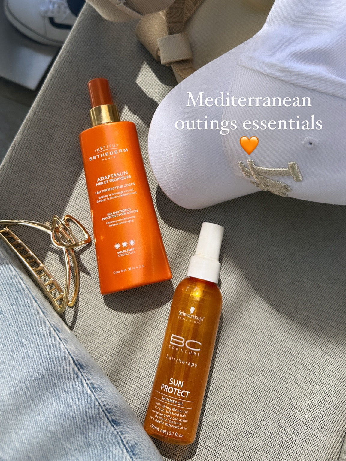 When you live by the beach there’s certain things you need on hand, sí o sí, and for me that’s my bronzing skin sunscreen by my absolute favorite skin care brand Institute Esthederm and their Adaptasun line. Couldn’t link this Schwarzkopf hair protectant though. A good hair clip in case of wind or hot moments, and a baseball hat for wind and or staying out of sun (I actually brought another wide brim hat with me too because ya girl likes options). Lastly, a canvas bag is also a must because when the pup is in tow, you just never know, plus it’s durable and be set on anything like stone benches, or the sand. Mine is from Zara a couple seasons ago but linked a similar one from Amazon with great pockets! 👜🧡✨