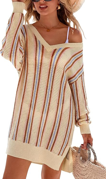 Arach&Cloz Women's Linen Blend Summer Swim Suit Cover Up V Neck Crochet Dress Striped Beach Vacat... | Amazon (US)