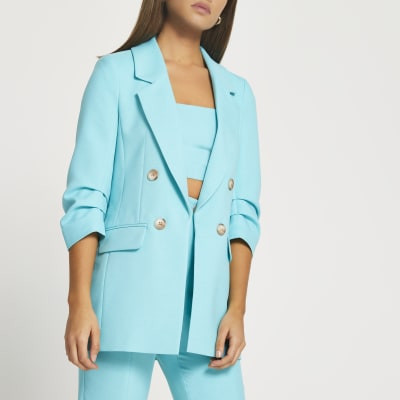 Blue longline ruched sleeve soft blazer | River Island (UK & IE)