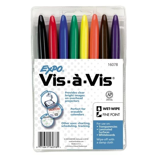 Expo Vis-a-Vis Wet Erase Marker Set, Fine Tip, Assorted Colors, 8 Count - Walmart.com | Walmart (US)
