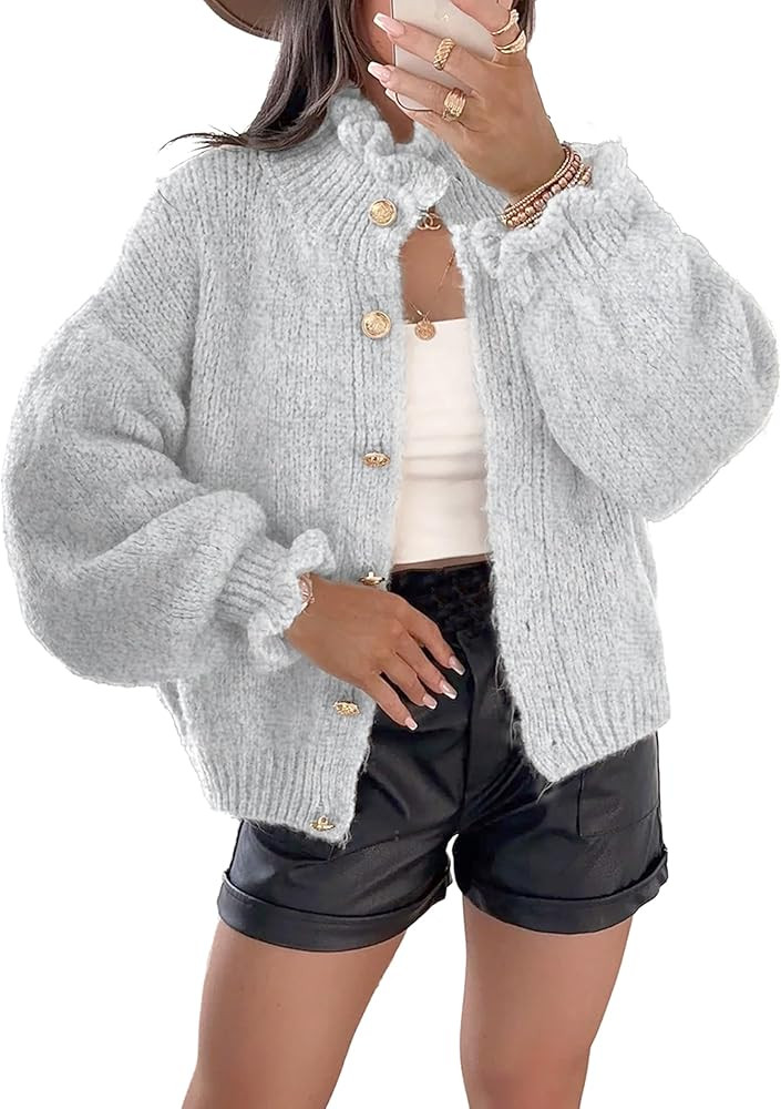 Women’s Chunky Knit Cardigan Sweater Ruffle Button Down Long Sleeve Cozy Loose Fit Fall Winter ... | Amazon (US)