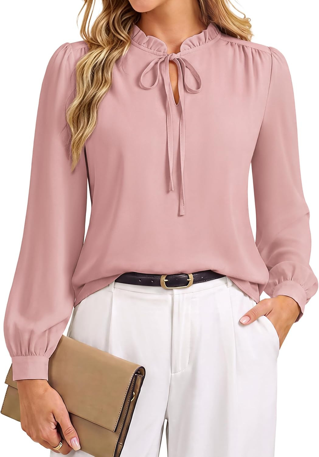 Belle Poque Womens Blouses Dressy Casual Tie Front Long Sleeve Ruffle Chiffon Blouses Business Office Outfits | Amazon (US)