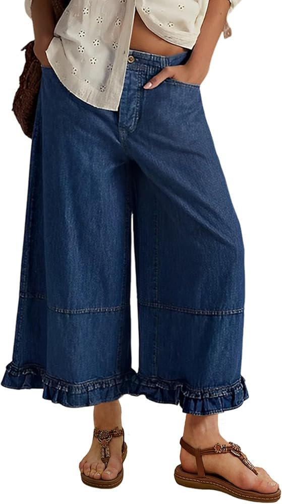 Dqbeng Wide Leg Jeans for Women Ruffle Hem Cropped Denim Pants Mid Rise Elastic Waist Baggy Jeans... | Amazon (US)