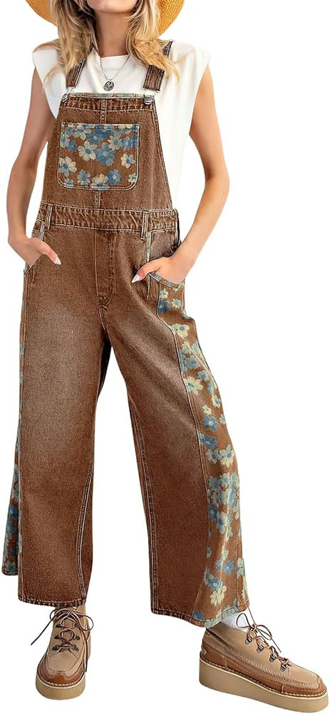 ebossy Women's Casual Y2k Floral Print Denim Jumpsuits Adjustable Straps Wide Leg Bib Overall Jea... | Amazon (US)