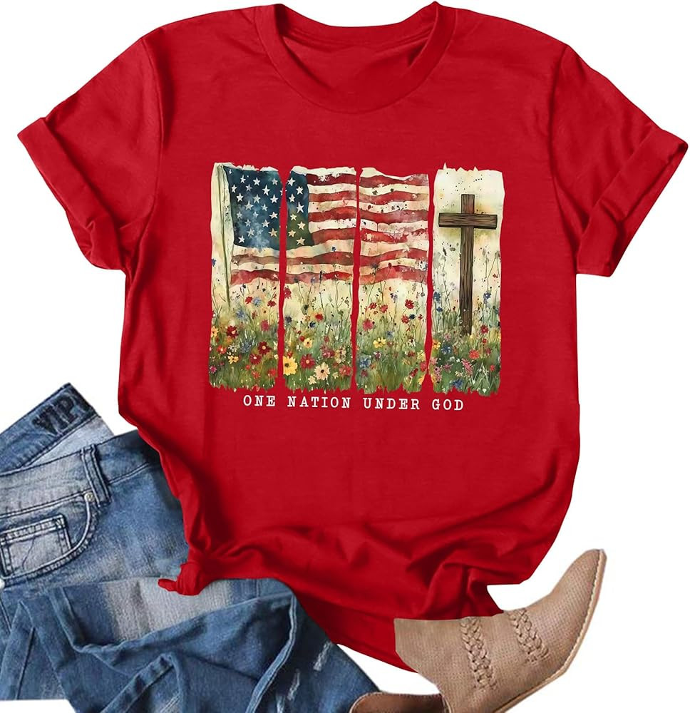 Ithalt Christian Tshirt Womens 4th of July Shirt American Flag T Shirt USA Patriotic Tees Faith S... | Amazon (US)