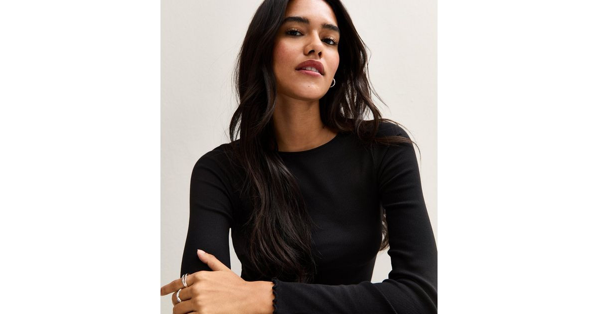 Black Ribbed Crew Neck Long Sleeve Top | New Look | New Look (UK)
